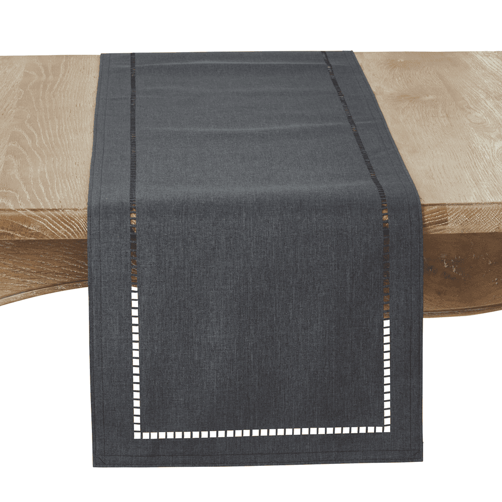 Fennco Styles Solid Color Laser-Cut Hemstitch Design Table Runner 14"W x 90"L - Black Table Cover for Home Décor, Everyday Use, Wedding, Banquet, Holiday and Special Occasion
