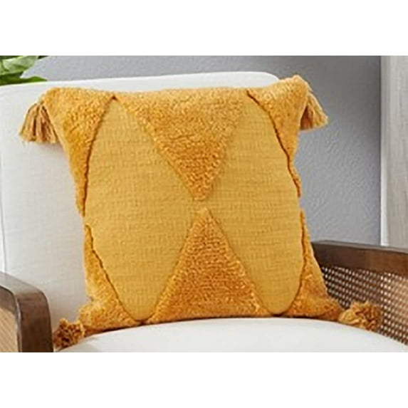 Fennco Styles Solid Tufted Diamond Cotton Decorative Throw Pillow Cover 18" W x 18 "L - Mustard Tassel Cushion Case for Home, Couch, Living Room, Bedroom, Office and Holiday Décor