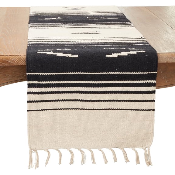 Fennco Styles Southwestern Table Runner with Fringe 16" W x 120" L – Black & Natural Cotton Blend Table Cover for Home Décor, Dining Table, Banquets, and Everyday Use