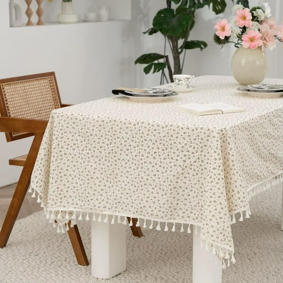 Fennco Styles Spring Floral White Cotton Tablecloth with Tassel – 56" W X 72" L Delicate Botanical Print Table Cover for Dining Room, Tea Party, Banquet or Spring Decor