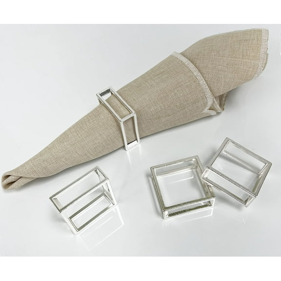 Fennco Styles Square Metal Frame Napkin Rings, Set of 4 - Silver Minimalist Bangle Napkin Holders for Home, Dining Room, Banquets, Family Gatherings, Holidays and Special Occasions