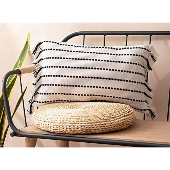 Fennco Styles Stitch Line Woven Fringe Cotton Decorative Throw Pillow Cover 12" W x 20" L - White Cushion Case for Couch, Bedroom, Living Room and Office Décor