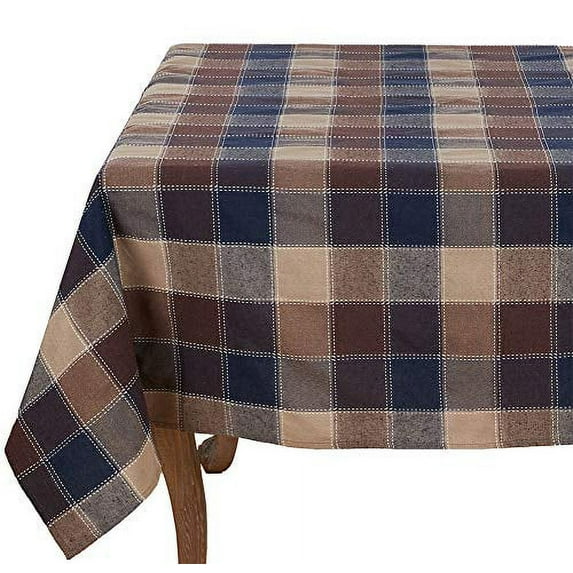 Fennco Styles Stitched Plaid Tablecloth, 70"X70" Square, Brown