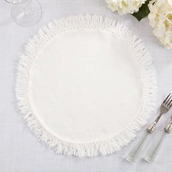 Fennco Styles Stonewashed Fringe Design 100% Linen Placemats 13" Round, Set of 4 - Ivory Table Mats for Christmas, Holiday, Dining Table, Everyday Use, Banquets and Special Occasion
