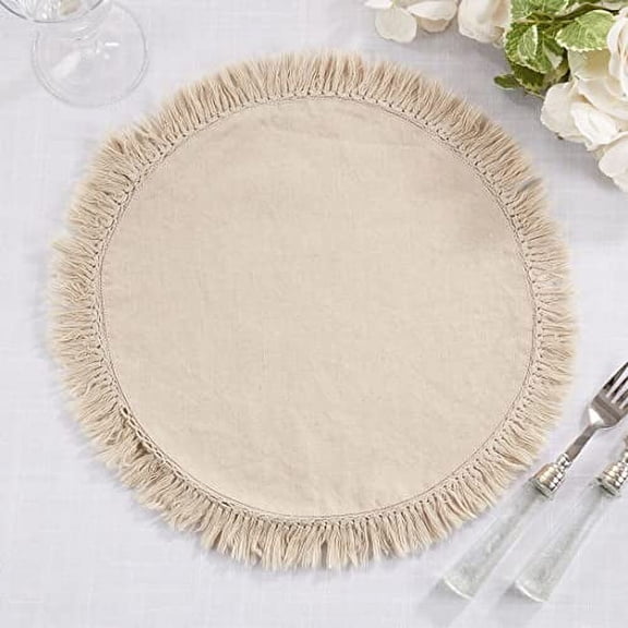Fennco Styles Stonewashed Fringe Design 100% Linen Placemats 13" Round, Set of 4 - Natural Table Mats for Christmas, Holiday, Dining Table, Everyday Use, Banquets and Special Occasion