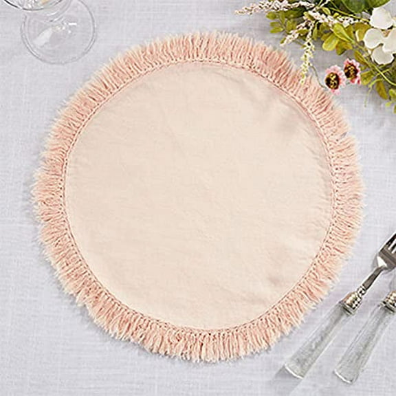 Fennco Styles Stonewashed Fringe Design 100% Linen Placemats 13" Round, Set of 4 - Rose Table Mats for Christmas, Holiday, Dining Table, Everyday Use, Banquets and Special Occasion
