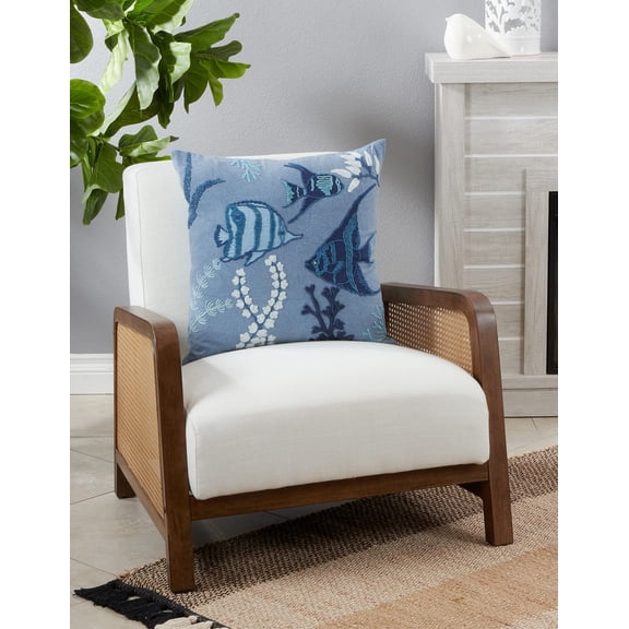 Fennco Styles Stonewashed Sea Fish Cotton Decorative Throw Pillow 20" W x 20" L – Blue Embroidered Costal Cushion for Couch, Sofa, Bedroom, Office and Living Room Décor