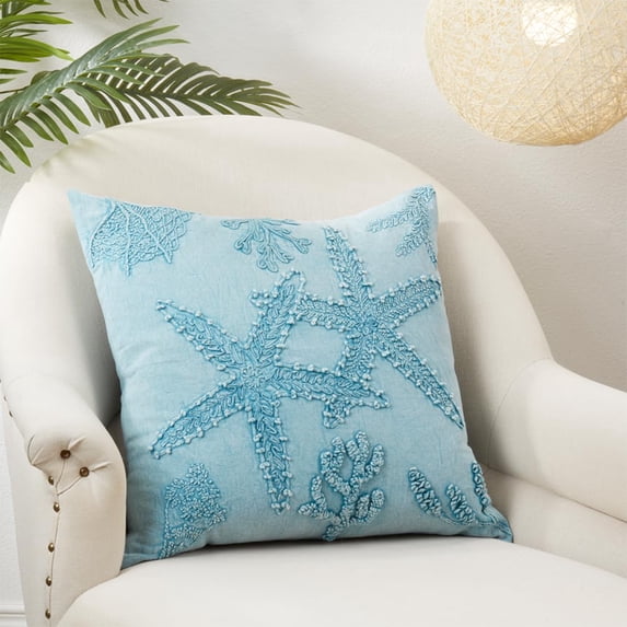 Fennco Styles Stonewashed Starfish Cotton Decorative Throw Pillow Cover 20" W x 20" L – Blue Sea Creatures Cushion Case for Couch, Sofa, Bedroom, Office and Living Room Décor