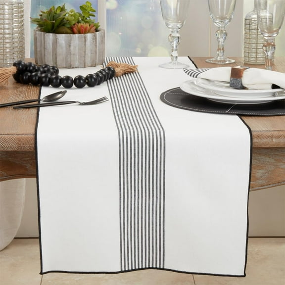 Fennco Styles Stripe & Stitched Border Table Runner 16" W x 72" L - Black & White Woven Table Cover for Home Décor, Dining Table, Banquets, Family Gatherings and Special Events