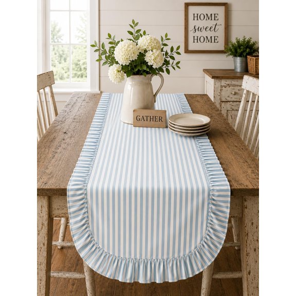 Fennco Styles Stripe Table Runner with Ruffled Border 16" X 72" - Blue Cotton Blend Farmhouse Table Cover for Kitchen, Dining Room, Spring & Everyday Home Décor