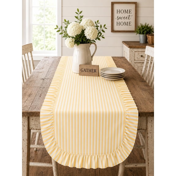 Fennco Styles Stripe Table Runner with Ruffled Border 16" X 72" - Mustard Cotton Blend Farmhouse Table Cover for Kitchen, Dining Room, Spring & Everyday Home Décor