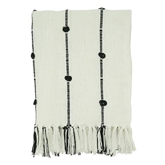 Fennco Styles Striped Collection Throw Blanket 50" W x 60" L – Black & White Knotted Tassel Woven Blanket for Home, Couch, Bedroom, Living Room and Office Décor
