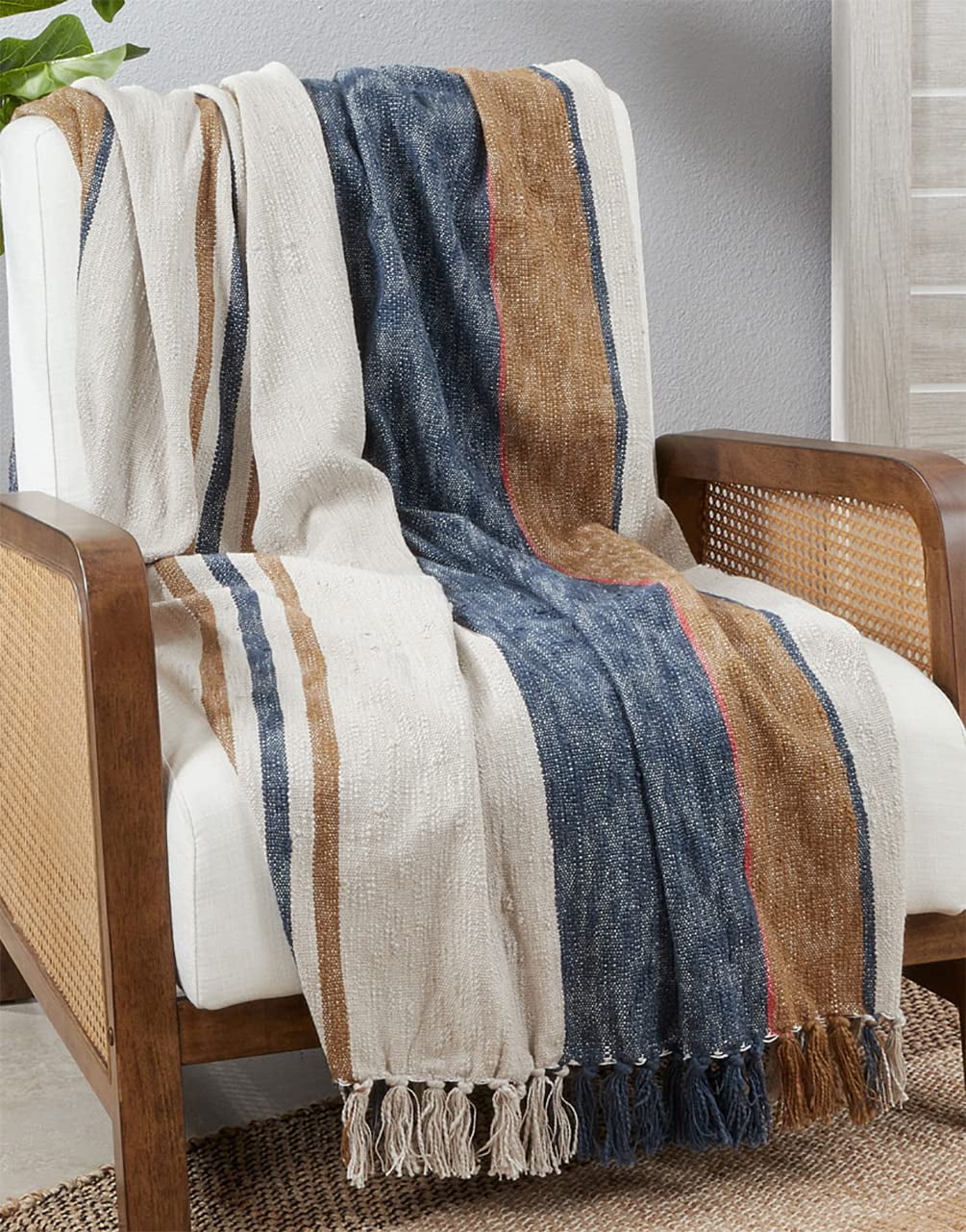 Fennco Styles Striped Cotton Throw Blanket with Tassel 52" W x 68" L – Navy Blue Blanket for Couch, Bedroom, Living Room and Office Décor