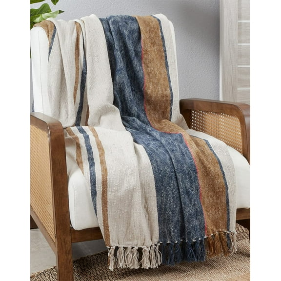 Fennco Styles Striped Cotton Throw Blanket with Tassel 52" W x 68" L Navy Blue Blanket for Couch, Bedroom, Living Room and Office Dcor