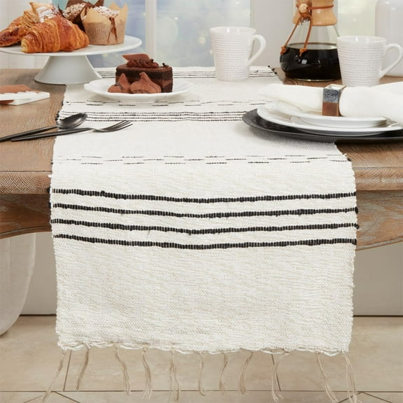 Fennco Styles Striped Dash Table Runner with Fringe 16" W x 72" L - 100% Cotton Woven Natural Table Cover for Everyday Use, Dining Room, Banquets, Family Gatherings, Holidays and Home Dcor