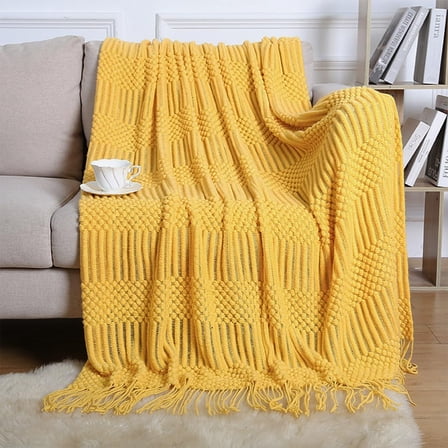 Fennco Styles Striped Knit Solid Fringe Throw Blanket 50" W x 60" L - Mustard Yellow Soft Textured Light Weight Blanket for Sofa, Couch, Living Room and Bedroom Décor