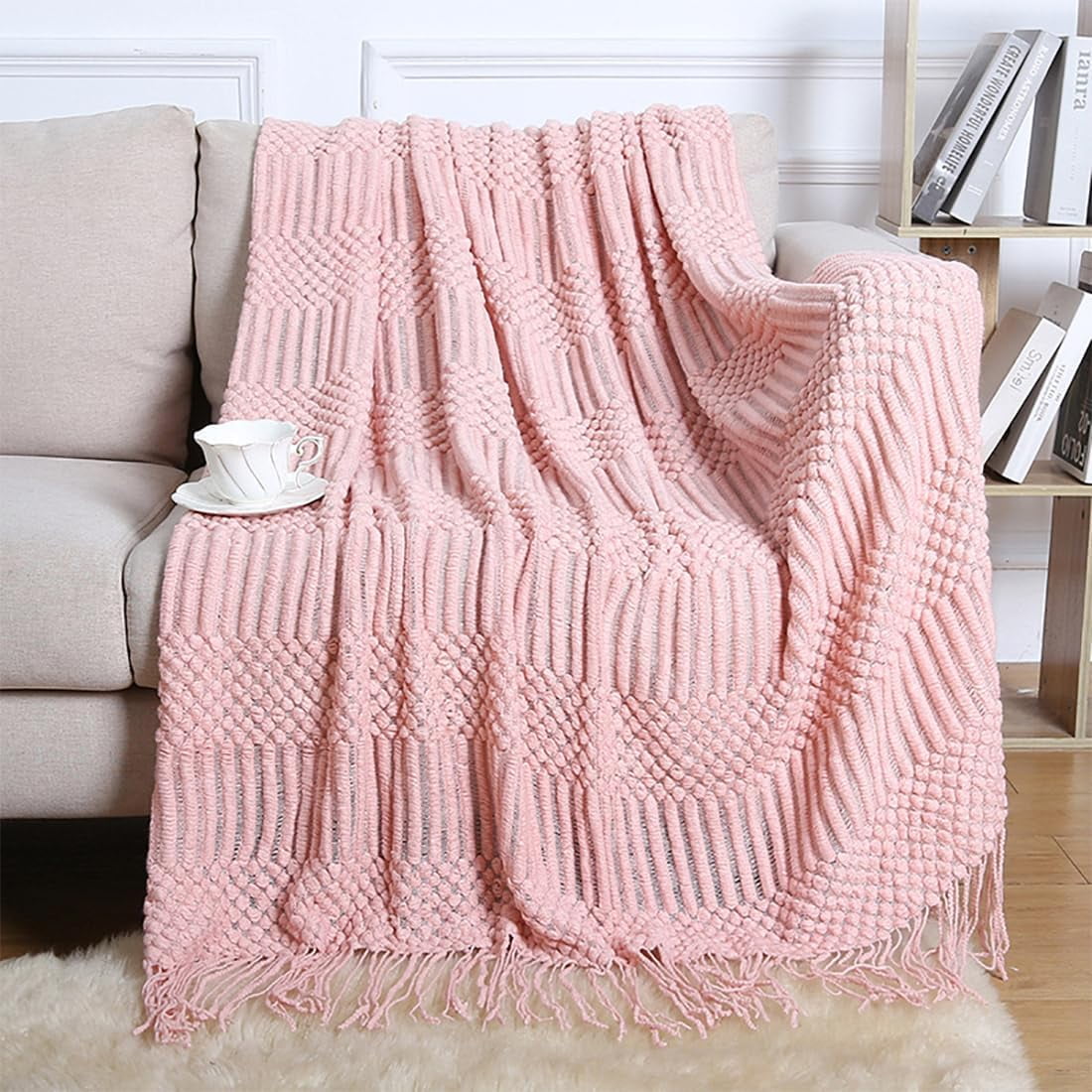 Fennco Styles Striped Knit Solid Fringe Throw Blanket 50" W x 60" L