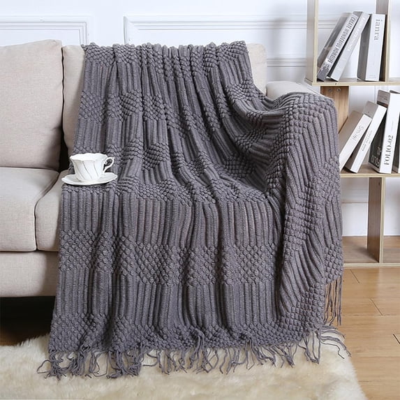 Fennco Styles Striped Knit Solid Fringe Throw Blanket 50" W x 60" L - Slate Soft Textured Light Weight Blanket for Sofa, Couch, Living Room and Bedroom Décor