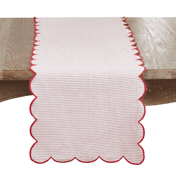 Fennco Styles Striped Scalloped Cotton Table Runner 16" W x 72" L - Red Pinstripe Table Cover for Home, Dining Room Décor, Everyday Use, and Holidays (Natural)