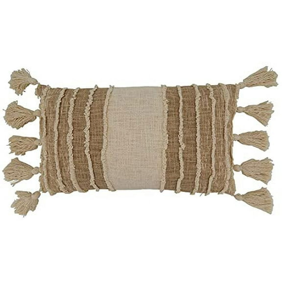 Fennco Styles Striped Tassel Design Cotton Decorative Throw Pillow Cover 12" W x 20" L – Ivory Fringe Cushion Case for Home, Couch, Bedroom, Living Room and Office Décor