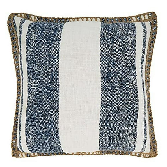 Fennco Styles Striped Whipstitch Cotton Jute Decorative Throw Pillow 18" W x 18" L - Blue Woven Cushion for Home, Couch, Office, Bedroom and Living Room Décor