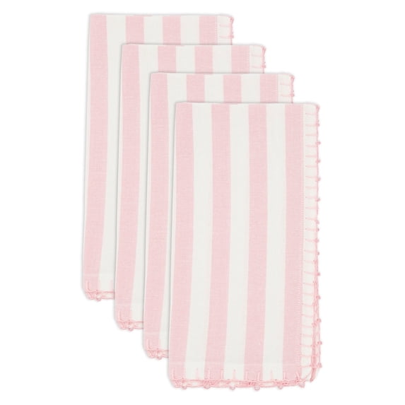 Fennco Styles Striped Whipstitch with Tiny Pom Pom Design Cloth Napkins 20" W X 20" L, Set of 4 - Pink Cotton Dinner Napkins for Dining Table Décor, Banquets, Holidays and Special Events