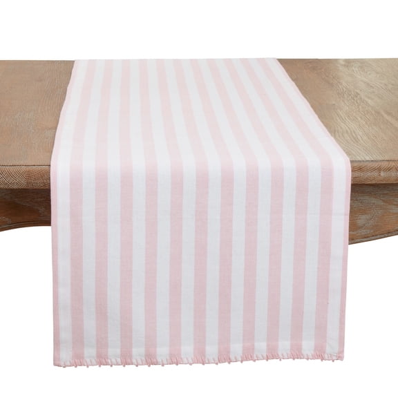 Fennco Styles Striped Whipstitch with Tiny Pom Pom Design Table Runner 16" W x 72" L - Pink Table Cover for Home, Dining Table, Banquets, Family Gatherings, Everyday Use and Special Occasions
