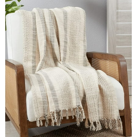 Fennco Styles Striped Woven Throw Blanket with Tassel 50" W x 60" L – Ivory Textured Blanket for Couch, Bedroom and Living Room Décor