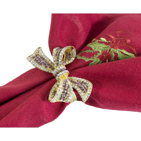 Fennco Styles Stunning Crystal Bowknot Gold-Plated Napkin Rings Wedding Holiday Table Decoration - Set of 4