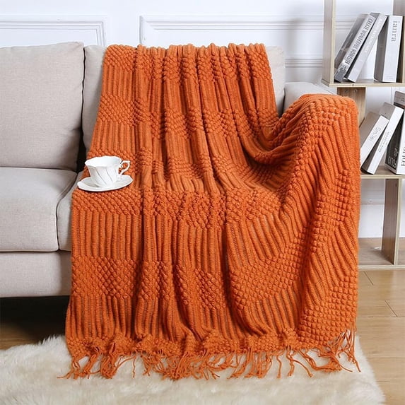 Fennco Styles Terracotta Knitted Soft Fringe Throw Blanket 50" x 60" – Cozy Textured Decorative Sofa & Bed Throw, Warm Lightweight Boho Blanket for Living Room, Bedroom, Home Décor