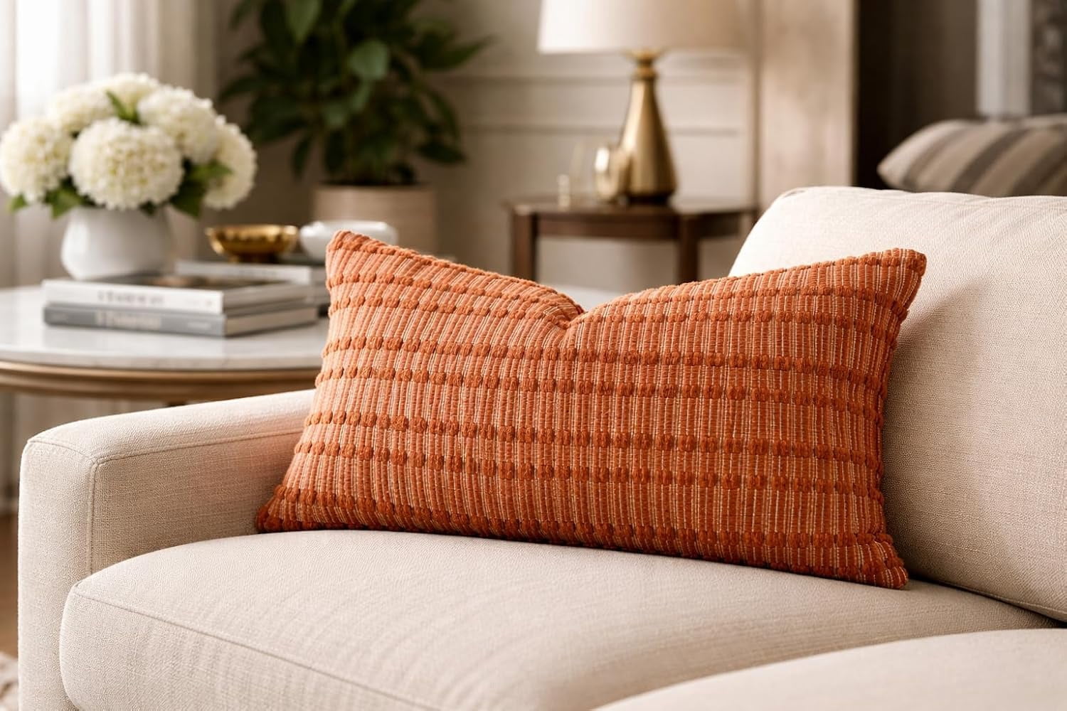 Fennco Styles Terracotta Woven Textured Filled Throw Pillow 12" X 20" - Decorative Cotton Blend Sofa Cushion for Sofa, Couch & Bed for Home Décor