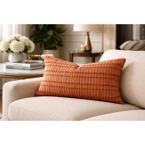 Fennco Styles Terracotta Woven Textured Filled Throw Pillow 12" X 20" - Decorative Cotton Blend Sofa Cushion for Sofa, Couch & Bed for Home Dcor