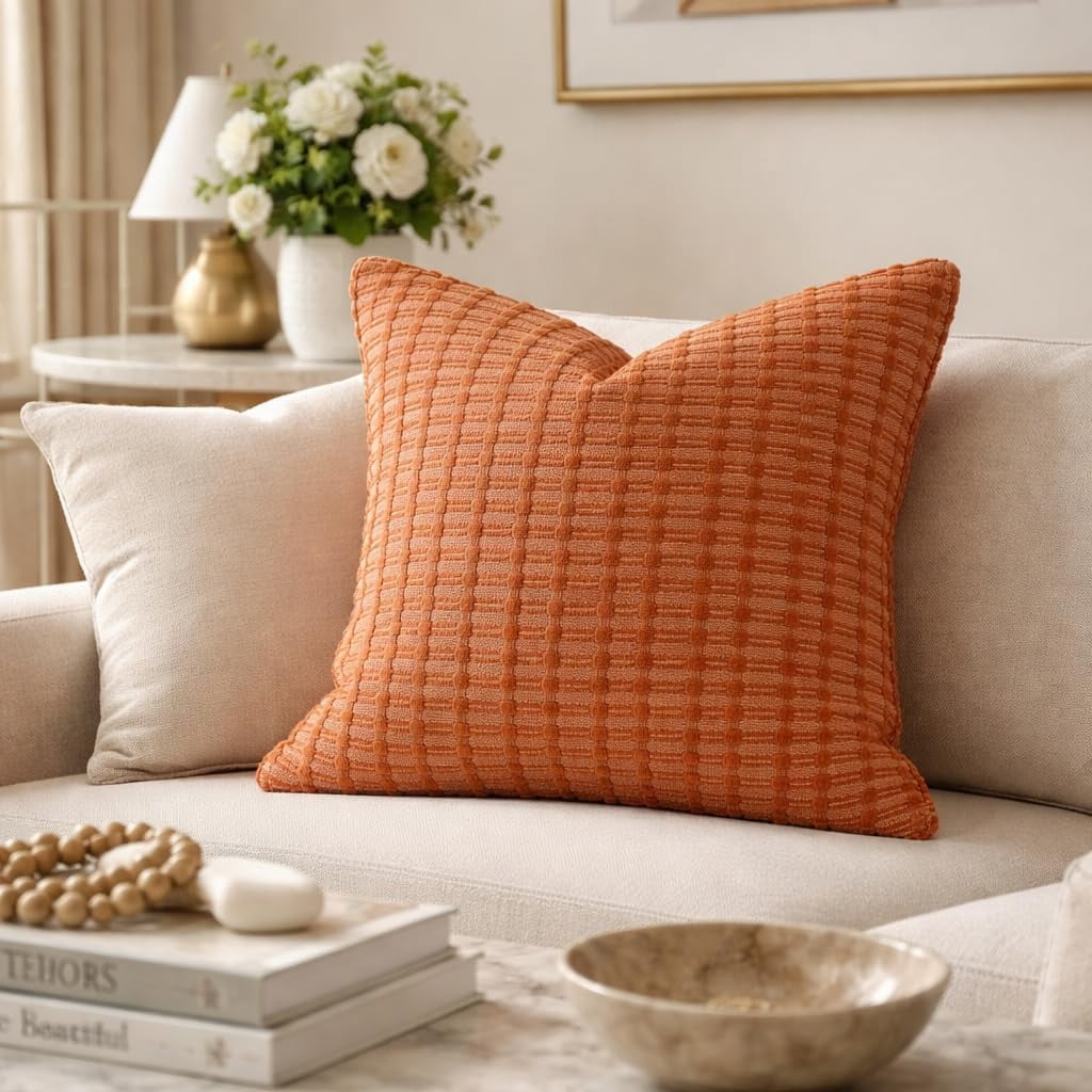 Fennco Styles Terracotta Woven Textured Filled Throw Pillow 18" X 18" - Decorative Cotton Blend Sofa Cushion for Sofa, Couch & Bed for Home Décor