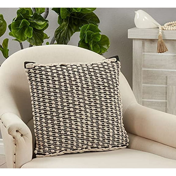 Fennco Styles Texture Knotted Cotton Decorative Throw Pillow Cover 20" W x 20" L – Black & White Woven Cushion Case for Couch, Sofa, Bedroom, Office and Living Room Décor