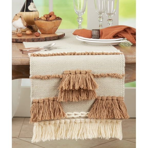 Fennco Styles Textured Boho 100% Wool Decorative Table Runner 16" W x 72" L - Natural Knotted Tassel Bohemian Table Cover for Home Dcor, Dining Table, Banquets and Special Occasion