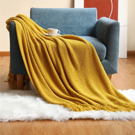 Fennco Styles Textured Knit Solid Fringe Throw Blanket 50" W x 60" L - Mustard Yellow Waffle Pattern Light Weight Blanket for Sofa, Couch, Living Room and Bedroom Décor
