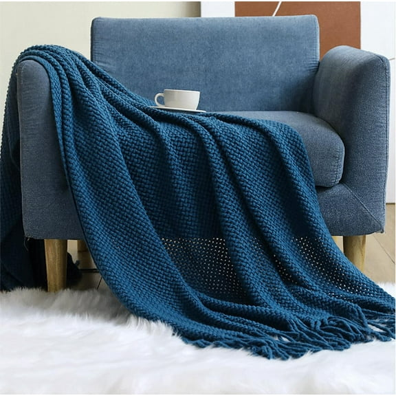 Fennco Styles Textured Knit Solid Fringe Throw Blanket 50" W x 60" L - Navy Blue Waffle Pattern Light Weight Blanket for Sofa, Couch, Living Room and Bedroom Décor