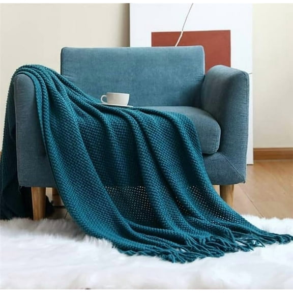 Fennco Styles Textured Knit Solid Fringe Throw Blanket 50" W x 60" L - Teal Waffle Pattern Light Weight Blanket for Sofa, Couch, Living Room and Bedroom Décor