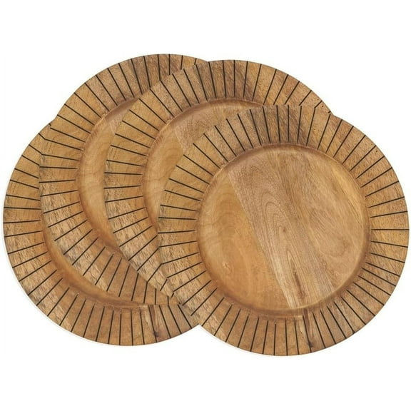 Fennco Styles Textured Slit Wooden Decorative Charger Plates 13" Round, Set of 4 – Black Mango Wood Table Chargers for Banquets, Family Dinners, Special Events and Home Décor