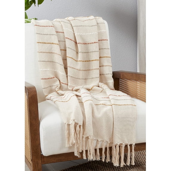 Fennco Styles Textured Stripe Throw Blanket with Tassel 50" W x 60" L – Ivory Woven Line Blanket for Bed, Couch, Sofa, Holidays, Home Décor and Office Décor