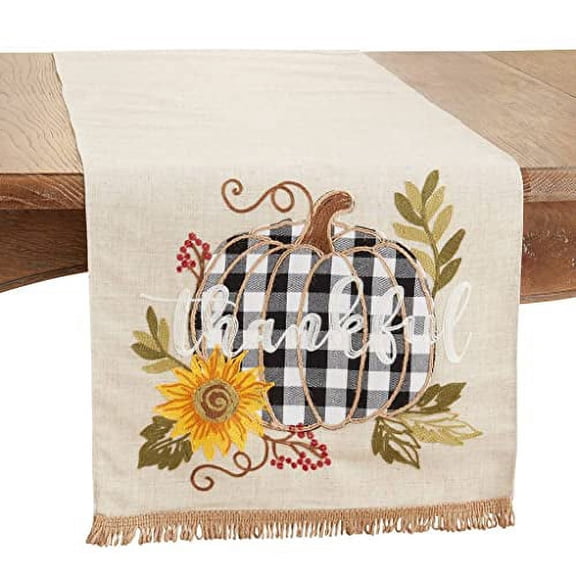 Fennco Styles Thankful Design Plaid Pumpkin Linen Blend Table Runner 16" W X 70" L - Natural Holiday Table Cover for Home Dcor, Thanksgiving, Banquets, Family Gatherings and Special Occasions