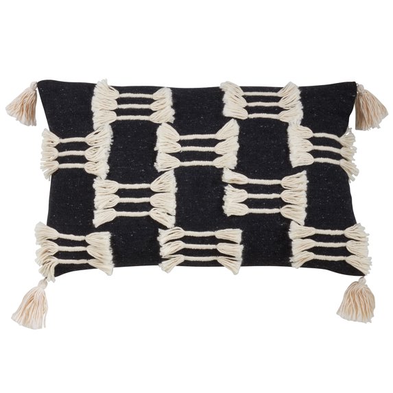 Fennco Styles Trios Ligens Collection Bohemian Cord Appliqué Frayed Tasseled 100% Cotton 14 x 23 Inch Throw Pillow Case – Black