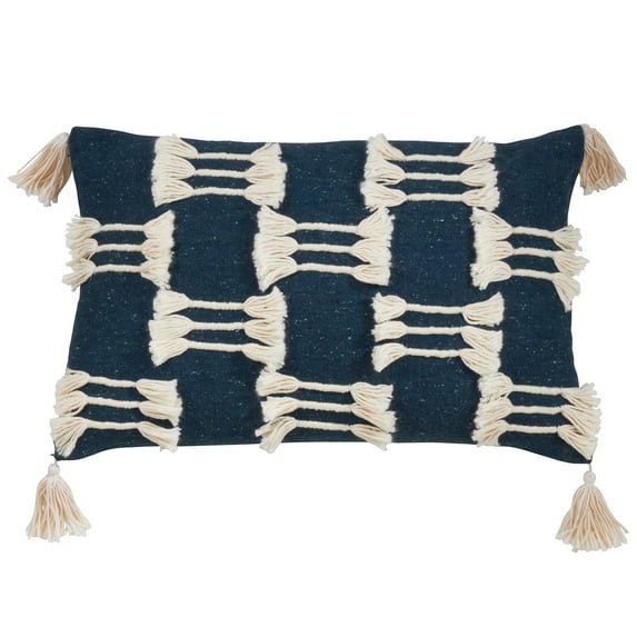Fennco Styles Trios Ligens Collection Bohemian Cord Appliqué Frayed Tasseled 100% Cotton 14 x 23 Inch Throw Pillow Case – Navy Blue