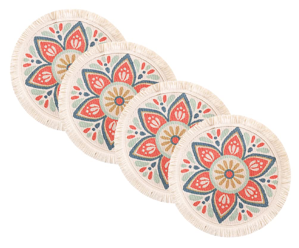Fennco Styles Tropical Red Flower Woven Fringe Cotton Placemats 13" Round, Set of 4 - Multicolored Boho Heat Resistant Insulation Table Mats for Home, Kitchen Décor, Dining Table, Banquets, Holidays