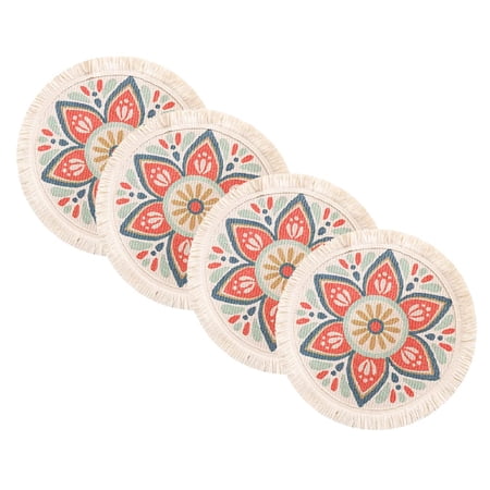 Fennco Styles Tropical Red Flower Woven Fringe Cotton Placemats 13" Round, Set of 4 - Multicolored Boho Heat Resistant Insulation Table Mats for Home, Kitchen Décor, Dining Table, Banquets, Holidays
