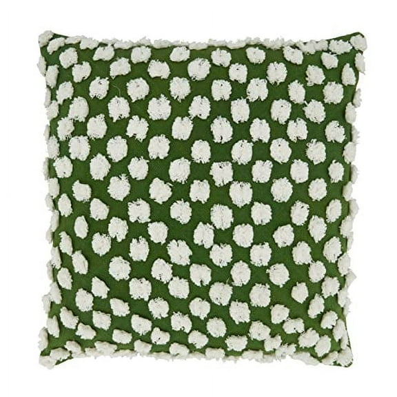 Fennco Styles Tufted Pom Pom Cotton Decorative Throw Pillow 20" W x 20" L - Green Textured Cushion for Home, Couch, Bedroom, Living Room and Office Décor