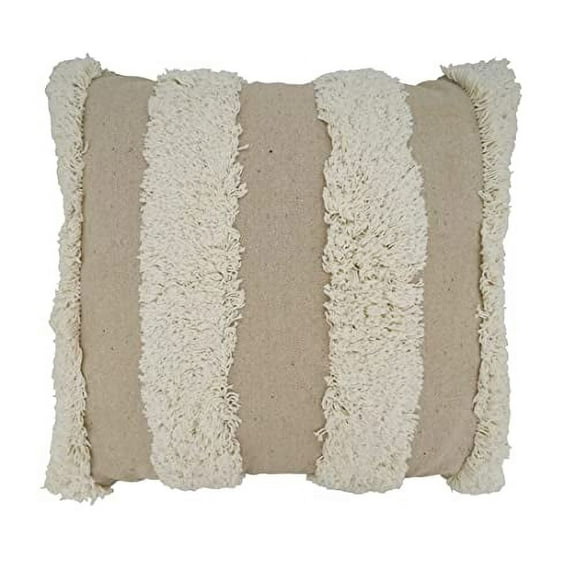 Fennco Styles Tufted Stripe Cotton Decorative Throw Pillow Cover 20" W x 20" L - Ivory Square Cushion Case for Home, Couch, Living Room, Bedroom, Office and Holiday Décor