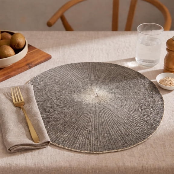 Fennco Styles Two-Tone Sunburst Woven Table Placemats 15 x 15 Round, Set of 4 - Slate Paper Table Mats for Home Décor, Dining Table, Banquets, Family Gathering and Special Events