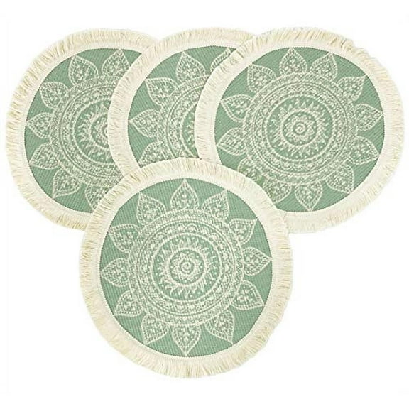 Fennco Styles Unique Dream Catcher Fringe Cotton Placemats 14-inch Round, Set of 4 - Green Decorative Boho Table Mats for Home Decor, Dining Table, Banquets and Special Events