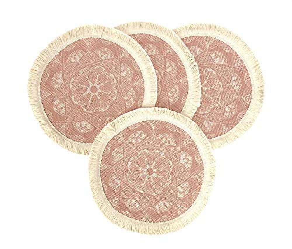 Fennco Styles Unique Dream Catcher Fringe Cotton Placemats 14-inch Round, Set of 4 - Pink Decorative Boho Table Mats for Home Decor, Dining Table, Banquets and Special Events